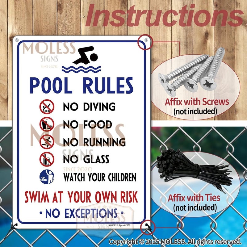 MOLESS 2 Pack Pool Rules Signs Outdoor – 14x10 Inch Pool Signs for Outside, Durable 0.040 Aluminum Weatherproof & UV Protected, Easy to Mount for Pool Safety, 2378-White - Image 4